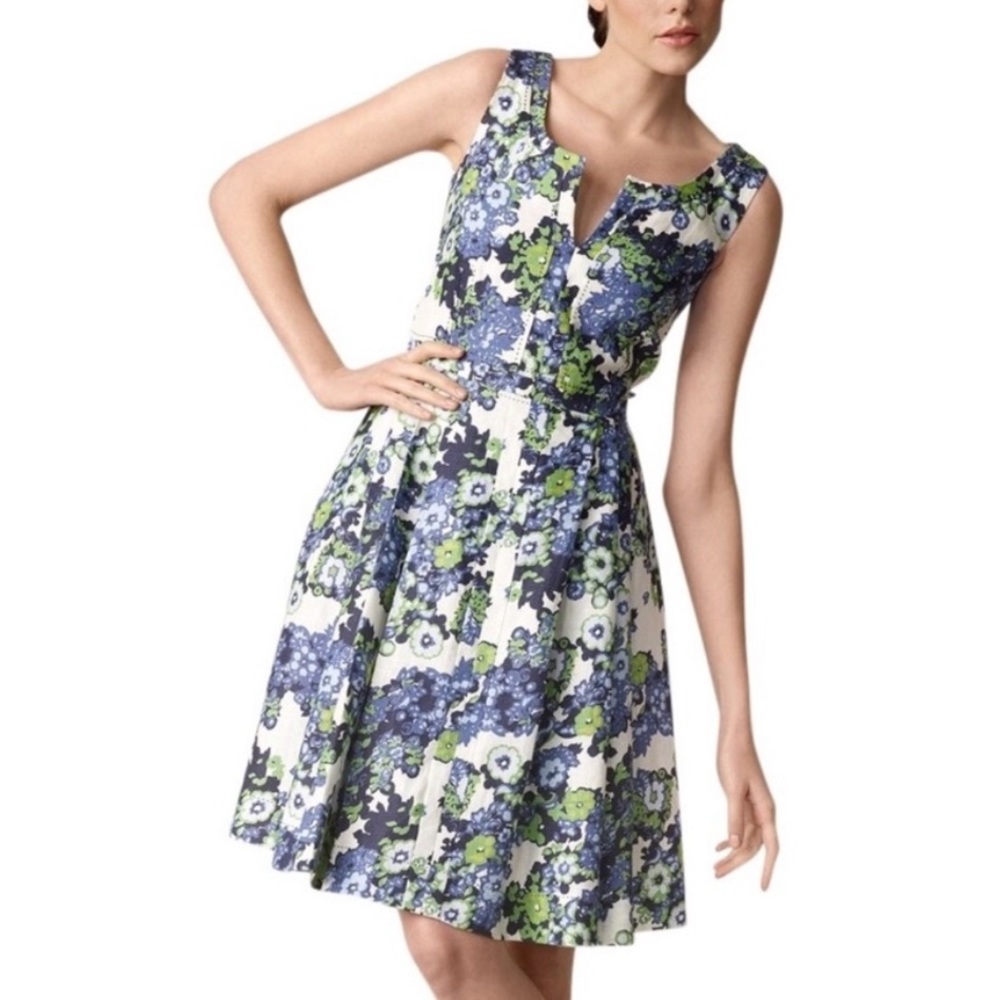 Tory Burch Green Blue Floral Sleeveless Fit Flare Linen Amalia Dress Size 10